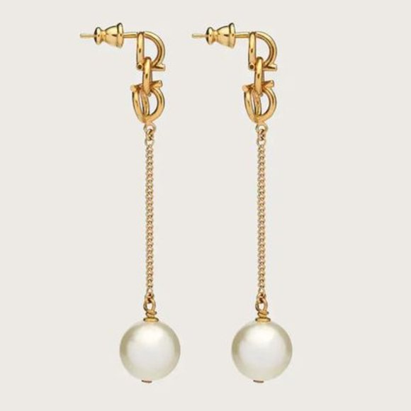 Salvatore Ferragamo Gancini Chain Drop Earrings With Pearl In Gold NEW IN BOX - Picture 14 of 15